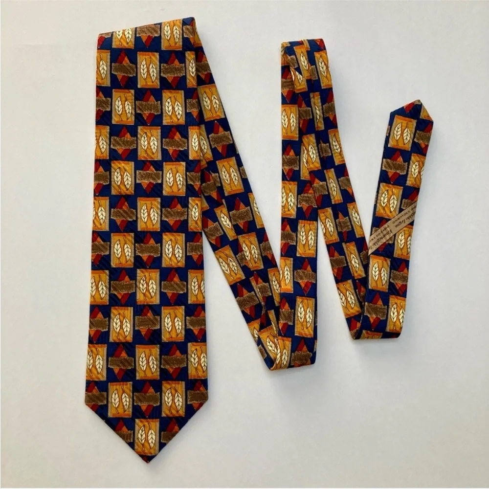 ERMENEGILDO ZEGNA Blue & Orange Autumn Flora Geometric Classic All Silk Tie